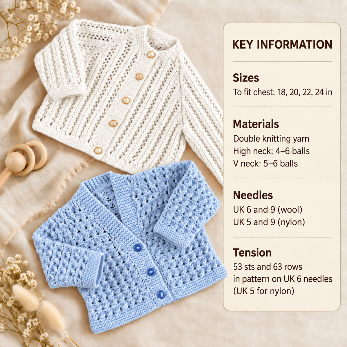 Girl's Baby Jacket Cardigans-  Eyelet lacy design Textured- 18" - 24"  DK 8 PLy Light worsted Knitting Pattern Download PDF