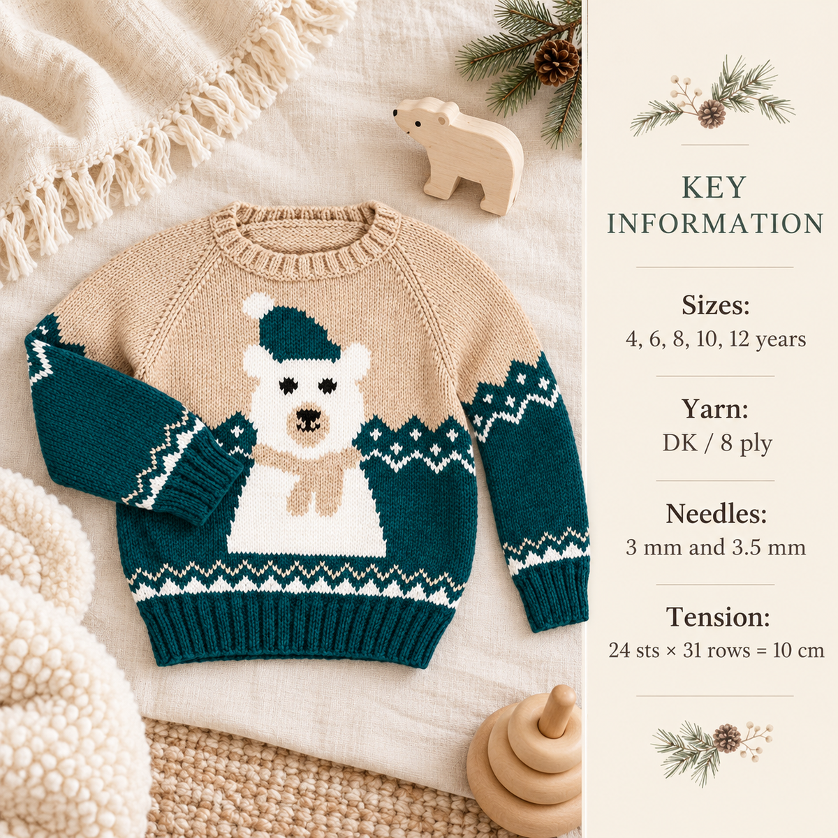 Peter Polar Bear Jumper, Vintage knitting pattern Great design Intarsia pattern, 4 - 12 yrs, DK/8 ply,  PDF download Christmas Knit