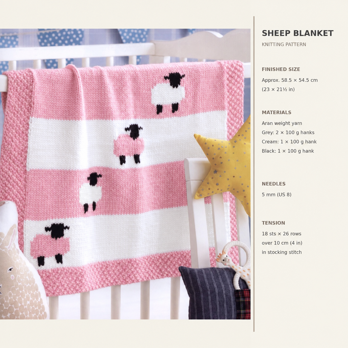 Baby Sheep Pram Blanket-Afghan in Aran- 10ply- worsted wool 23 x 21" PDF Knitting Pattern Instant Download (Copy)