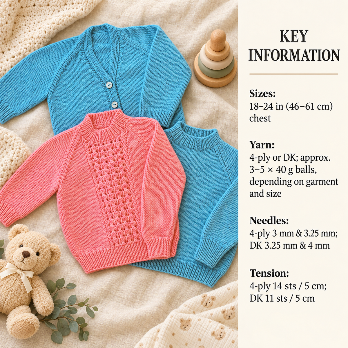 Child's Easy Beginners Cardigan, & round neck Jumpers- Knitting Pattern -DK-8ply(Light Worsted weight) or 4 ply Instant Download-16-24"