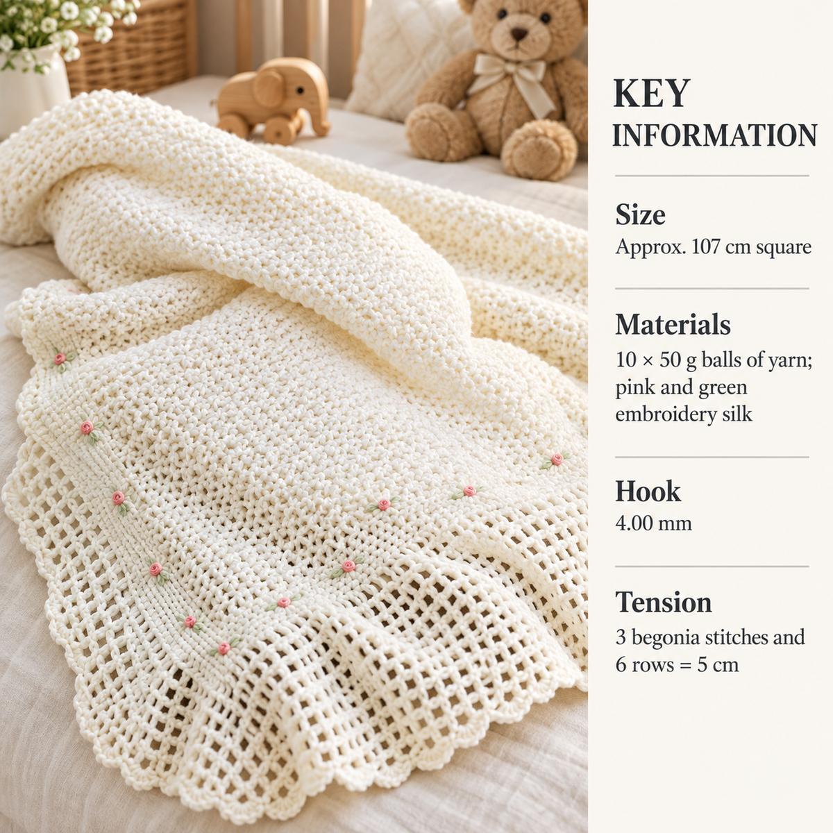 Delicate Embroidered Crochet Shawl pattern in Aran 10 ply yarn- 46 x 46" square- Crochet Pattern Download PDF