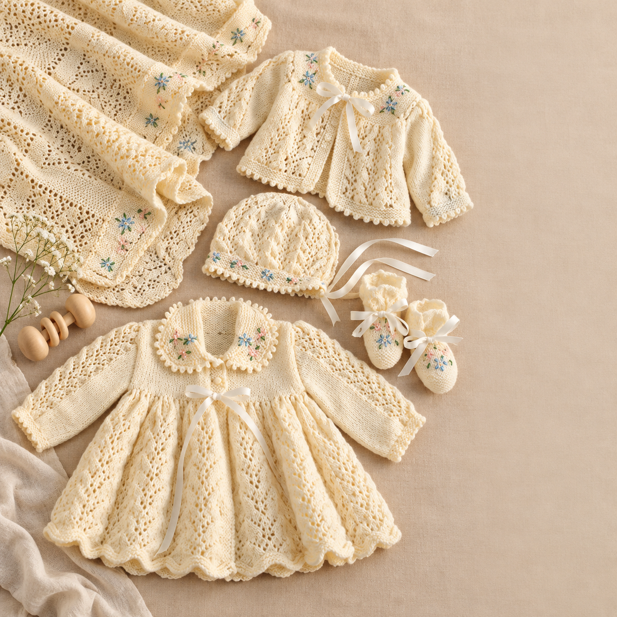 Baby Layette- Dress- Jacket- Bonnet- Shawl - Bootees- Christening set in Fingering- 4 ply- Download Knitting  Pattern-Birth- 12 Months PDF
