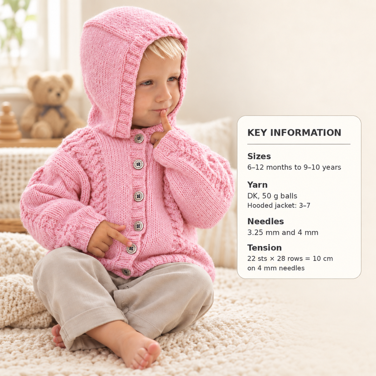 Girl's Baby Swing Jacket Cardigan- Cable Front-collar DK Merino  8Ply- 62-92 cm ( 0-24 months)-- Knitting Pattern Download PDF