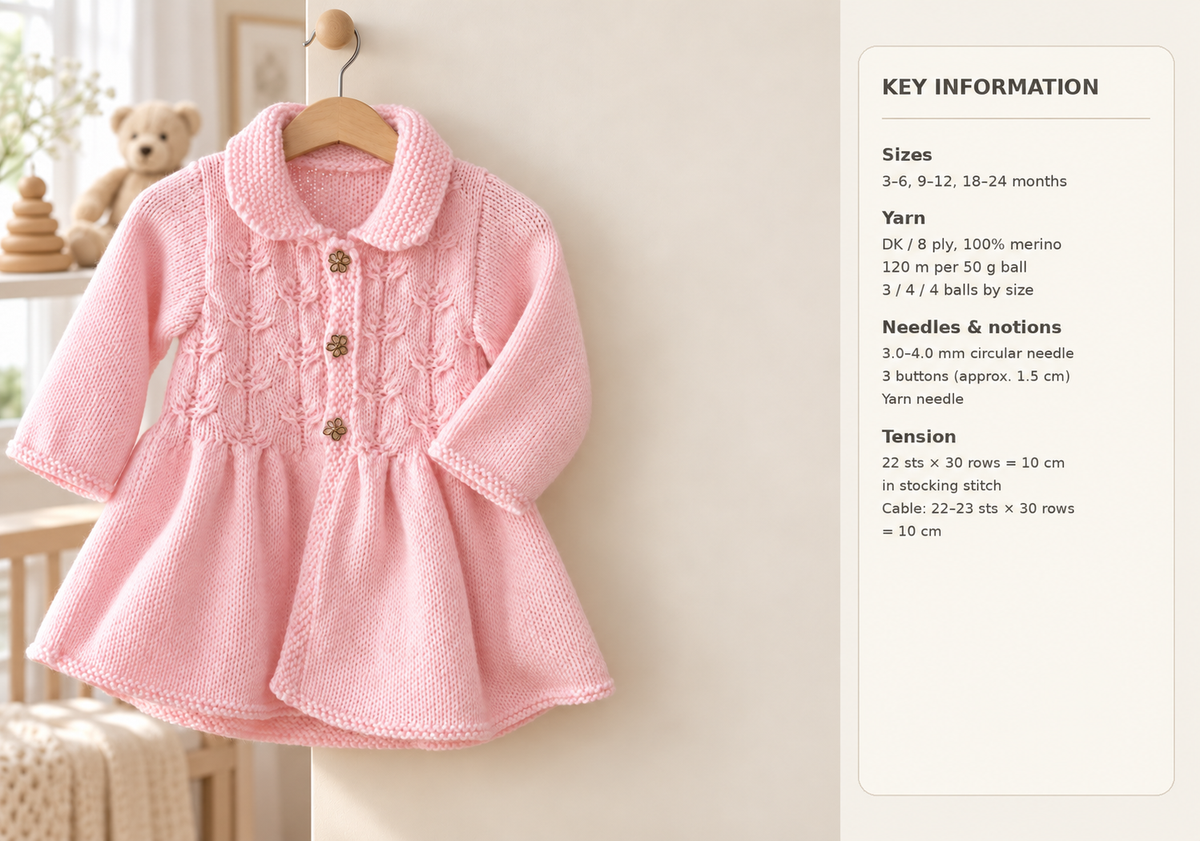 Girl's Baby Swing Jacket Cardigan- Cable Front-collar DK Merino  8Ply- 62-92 cm ( 0-24 months)-- Knitting Pattern Download PDF