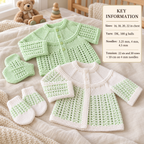 Baby Lacey Yoked Matinee Cardigans & mitts Knitting Pattern -DK-8ply(Light Worsted yarn)  Download PDF -16-22" Suitable for boys or girls