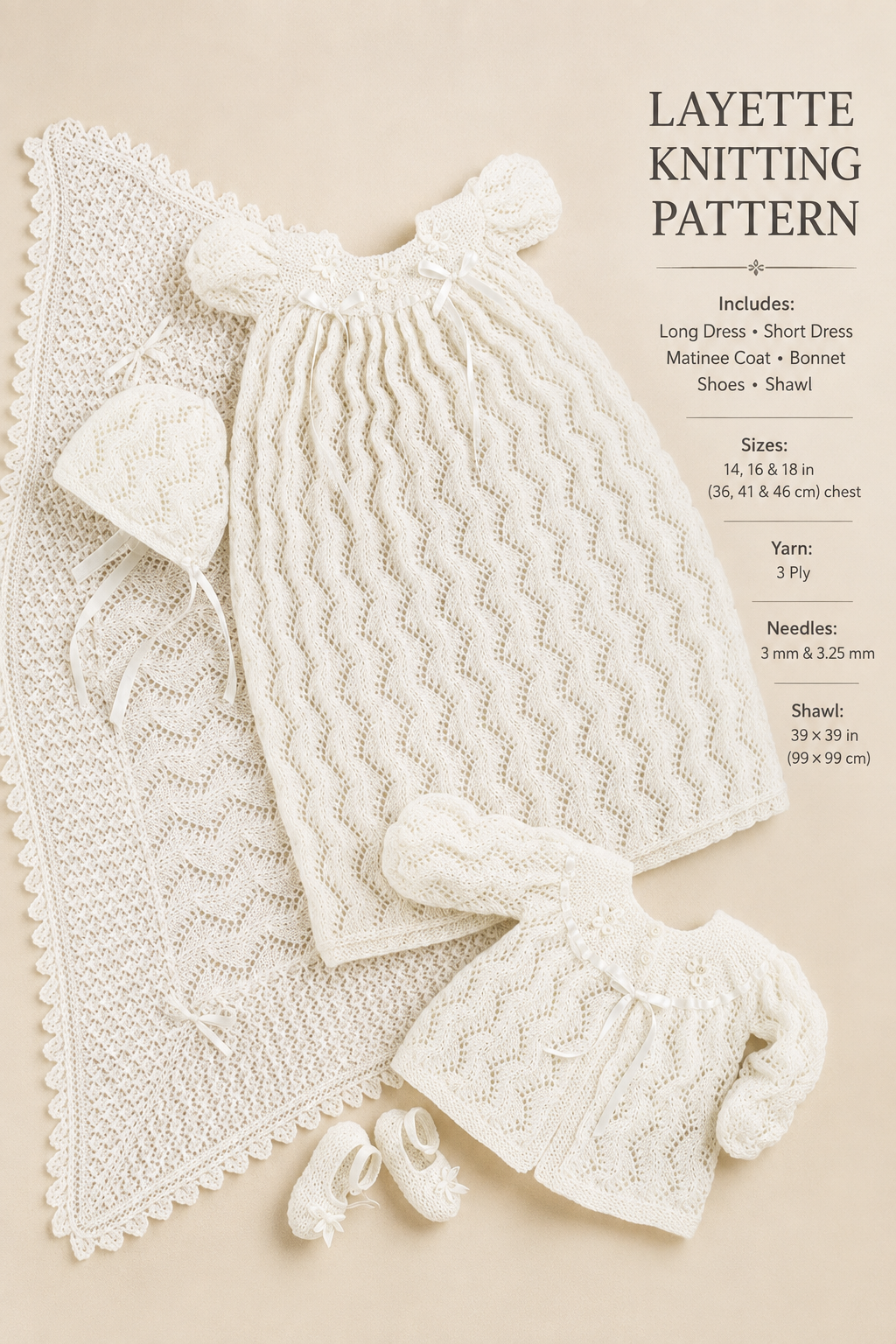 Baby Girl- Christening set & Shawl Long short dress Coat shoes hat in 3ply Yarn Fits  Premature ~14-18 chest- Knitting pattern  Download PDF