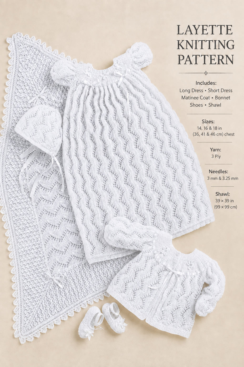 Baby Girl- Christening set & Shawl Long short dress Coat shoes hat in 3ply Yarn Fits  Premature ~14-18 chest- Knitting pattern  Download PDF