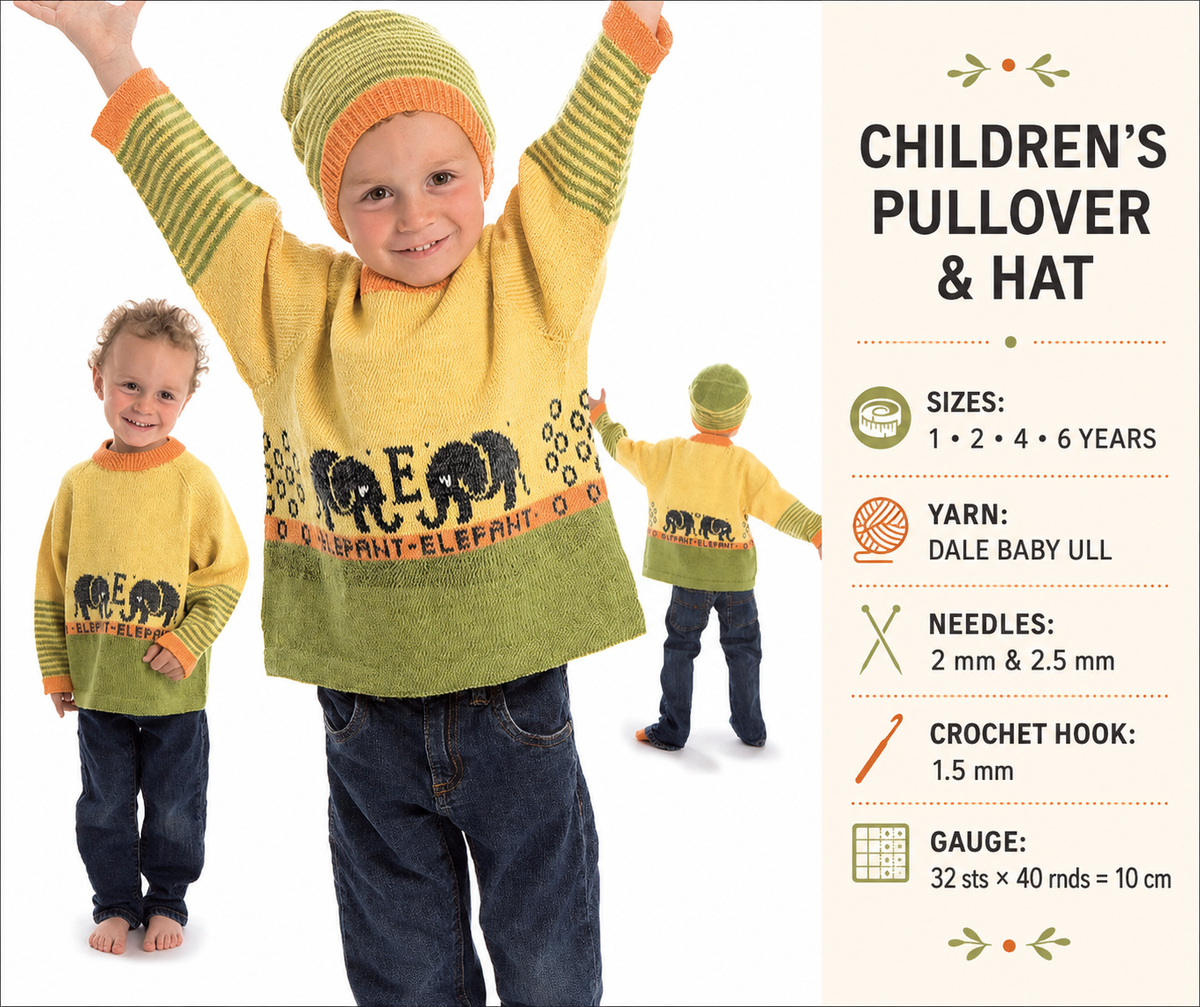 Childs  Icelandic, Elephant  sweater-Jumper and Cap-Hat - Knitting Pattern, ,Instant Download PDF- see images for further information
