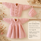Girls Dress Cardigan & Hat, Cable - double moss stitch pattern seed stitch, DK 8 PLY Light worsted  Knitting pattern Download PDF 16"  22"