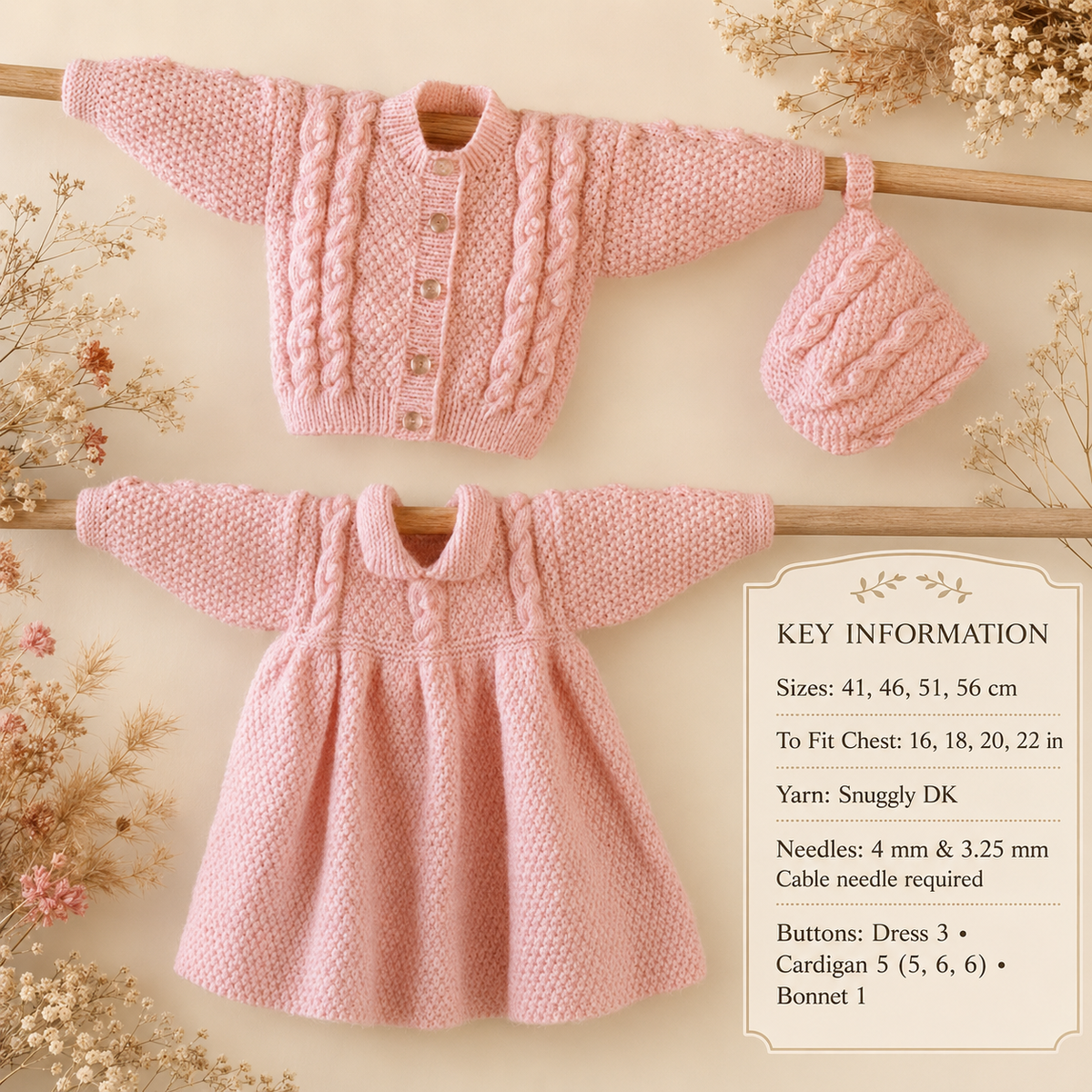 Girls Dress Cardigan & Hat, Cable - double moss stitch pattern seed stitch, DK 8 PLY Light worsted  Knitting pattern Download PDF 16"  22"
