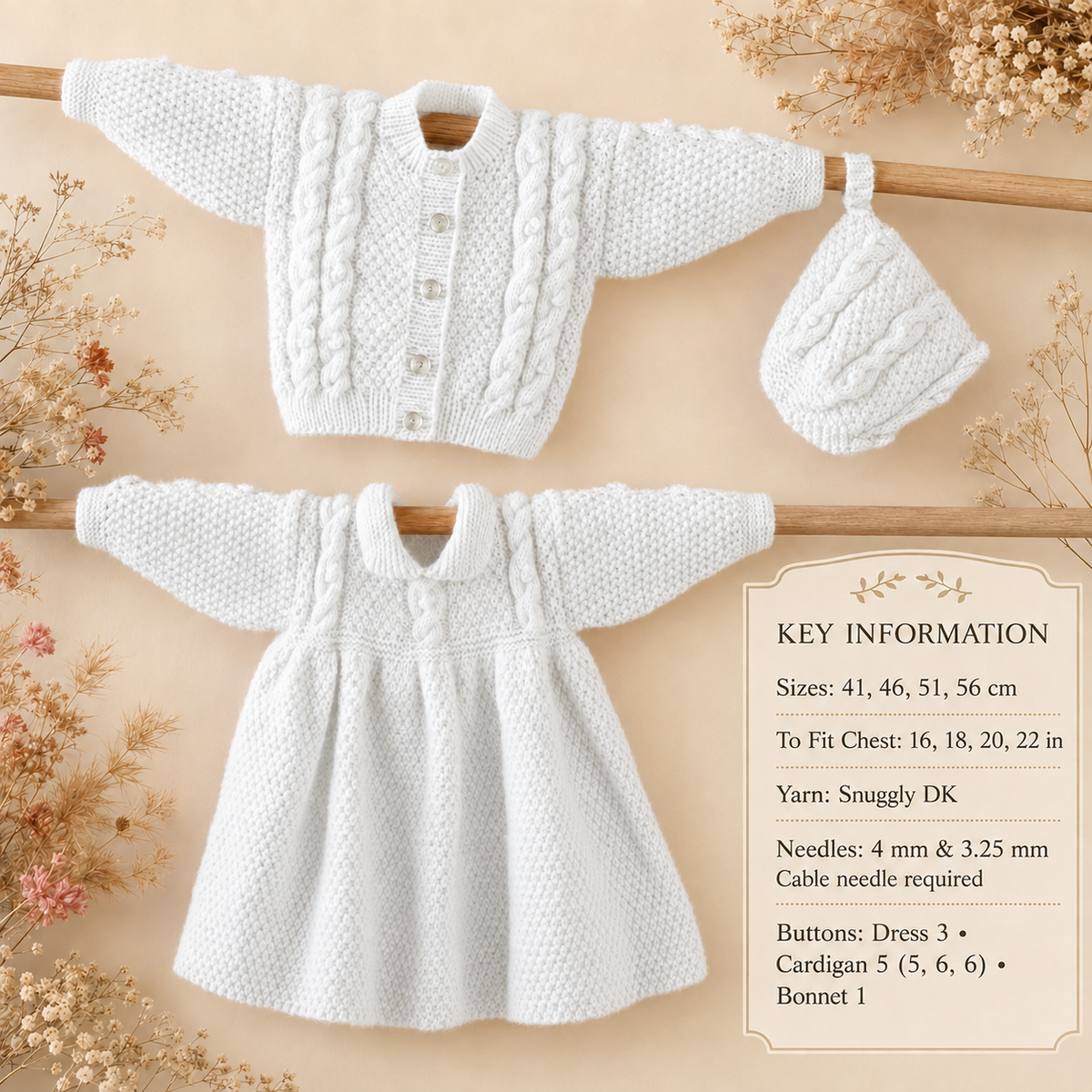 Girls Dress Cardigan & Hat, Cable - double moss stitch pattern seed stitch, DK 8 PLY Light worsted  Knitting pattern Download PDF 16"  22"