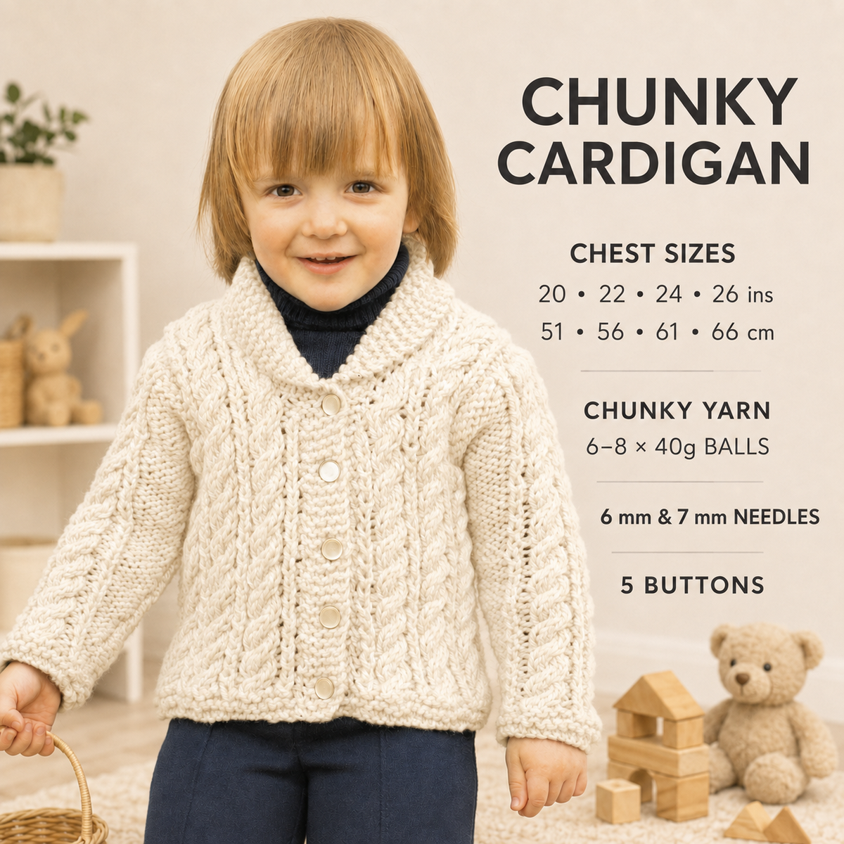 Childs Chunky Cable Jacket- Bulky wool and fits chest 20-26 inches- Download PDF Knitting Pattern