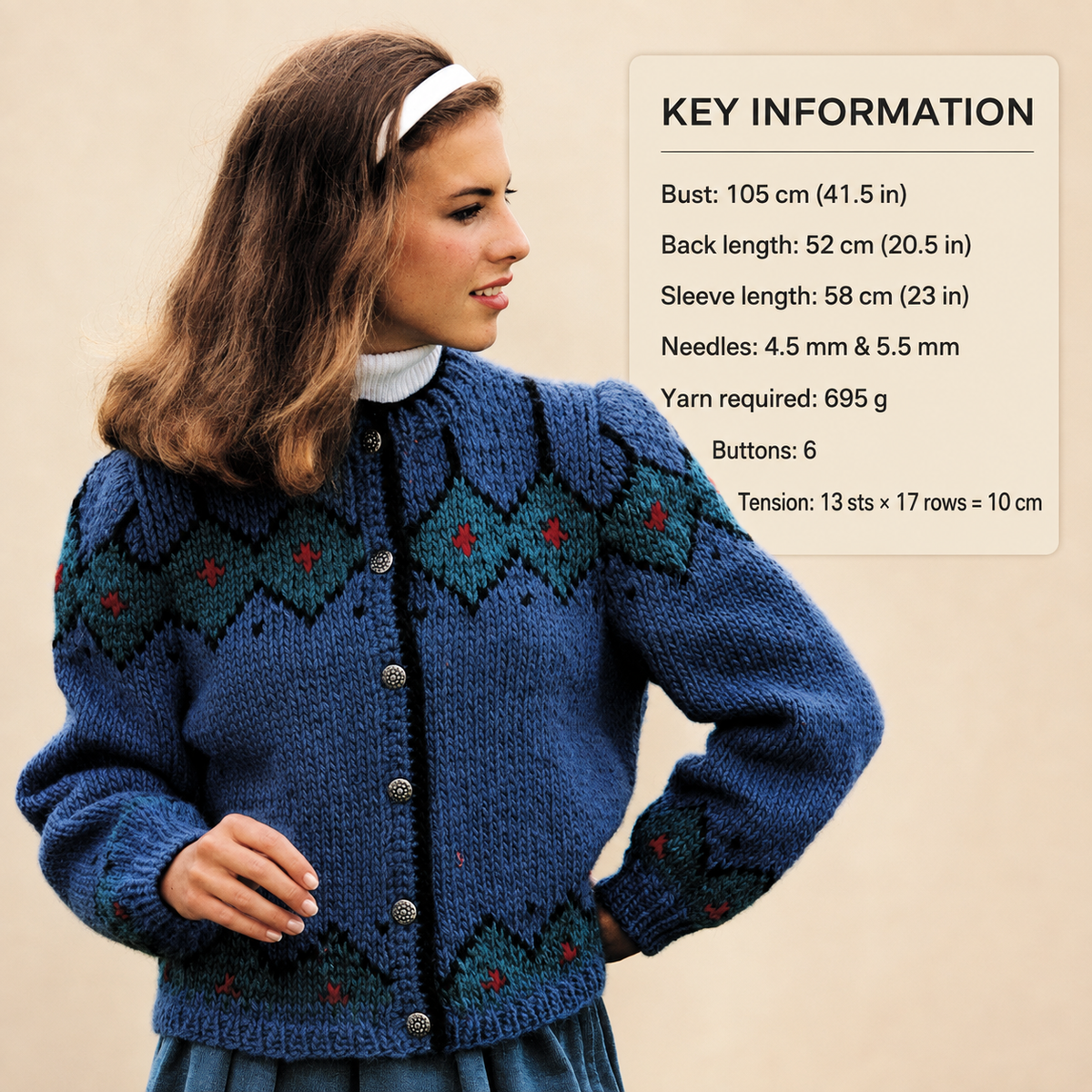 Womans Round Neck Fair Isle style Jacquard Cardigan Jacket  Knit Flat ~ Chunky Icelandic Wool 12 Ply Knitting Pattern Instant Download PDF