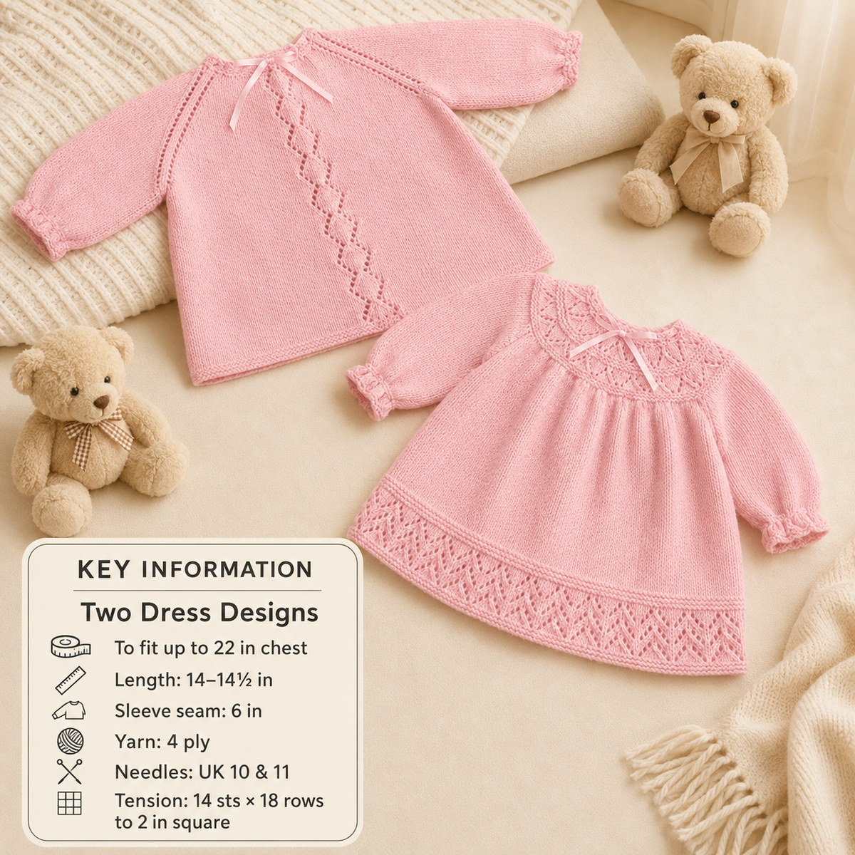 Baby Girls- Long sleeve dresses- Raglan & Yoked styles - 4 ply Fingering Fits up to 22 chest Downloadable PDF Knitting Pattern- Vintage knit