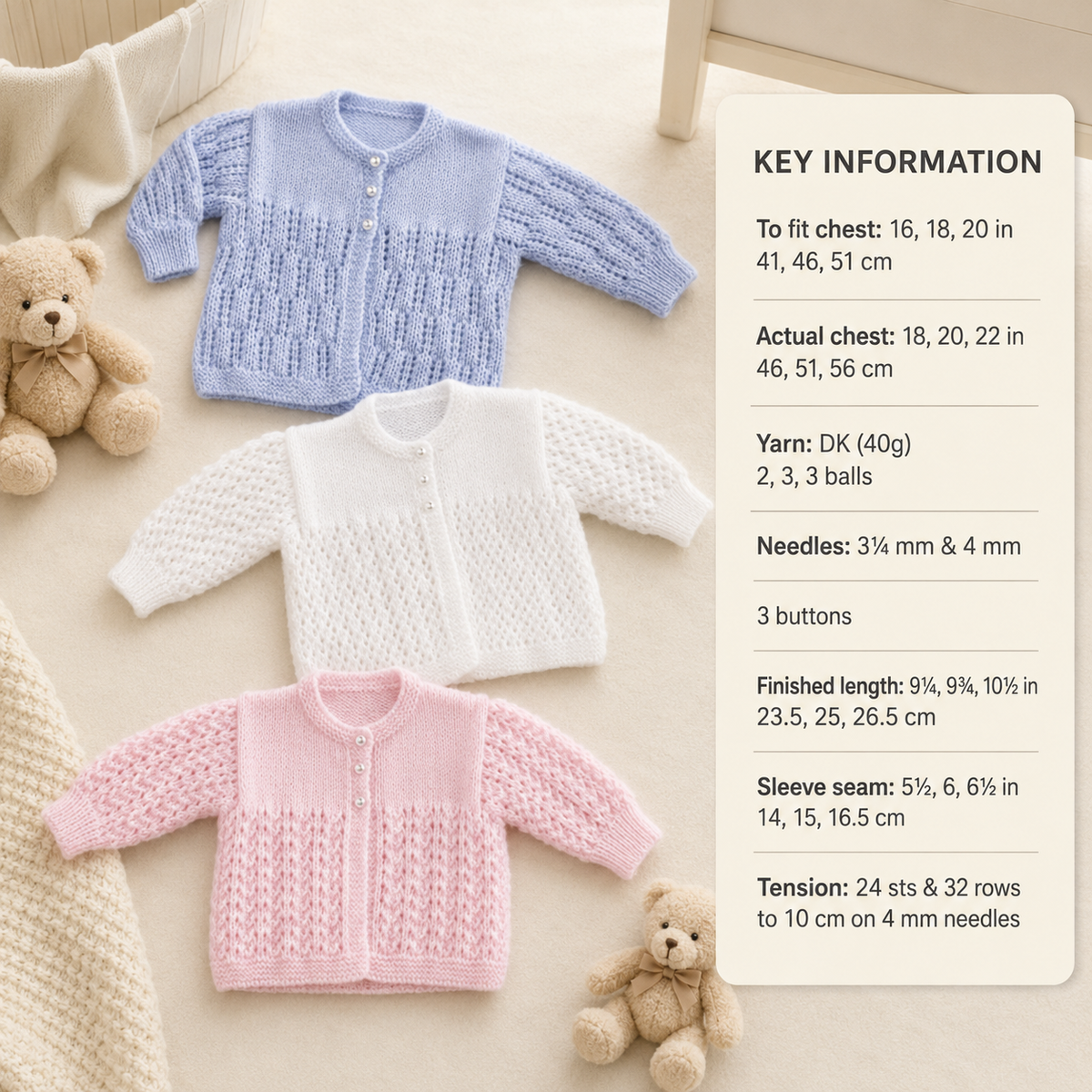 Baby Girl Boy Textured Cardigans & sweater - 3  styles 16- 24" DK 8Ply  Light worsted wool Knitting Pattern pdf Digital Download