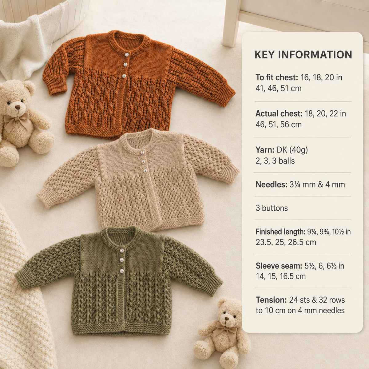 Baby Girl Boy Textured Cardigans & sweater - 3  styles 16- 24" DK 8Ply  Light worsted wool Knitting Pattern pdf Digital Download