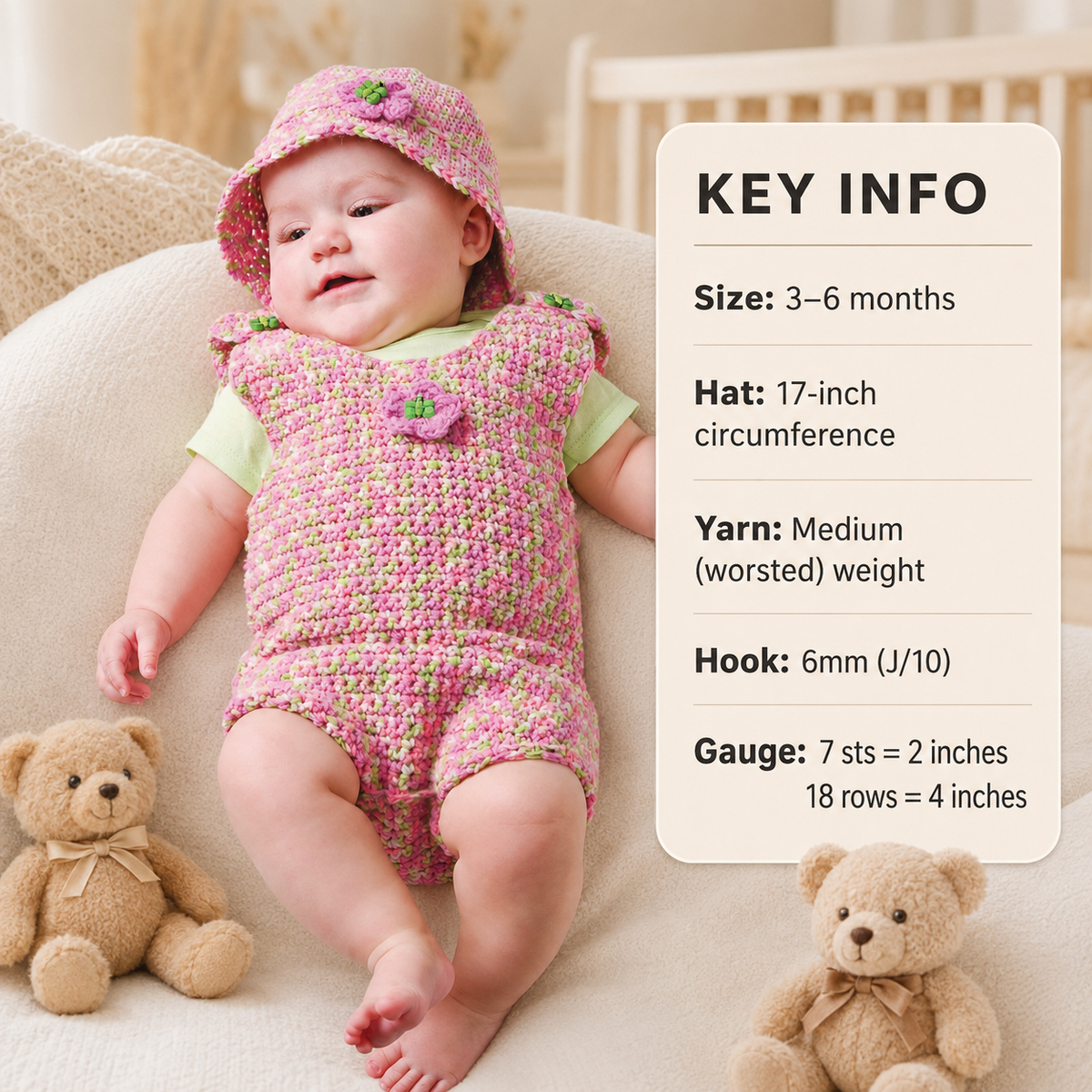 Baby Crochet Romper & Hat  Crochet Pattern Worsted weight wool-  Crochet pattern Download PDF  fits 3- 6 months