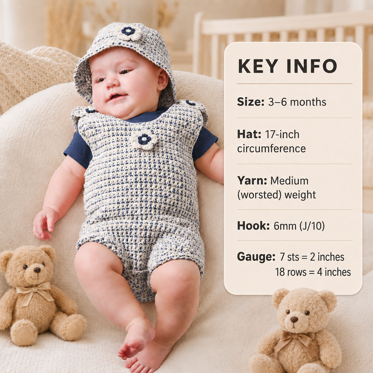 Baby Crochet Romper & Hat  Crochet Pattern Worsted weight wool-  Crochet pattern Download PDF  fits 3- 6 months