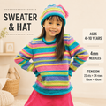 Girl's Bright easy Knit  Roll Neck Stripe sweater & Beanie Hat- DK 8Ply Light worsted wool size 4 - 10 years Knitting Pattern Download PDF