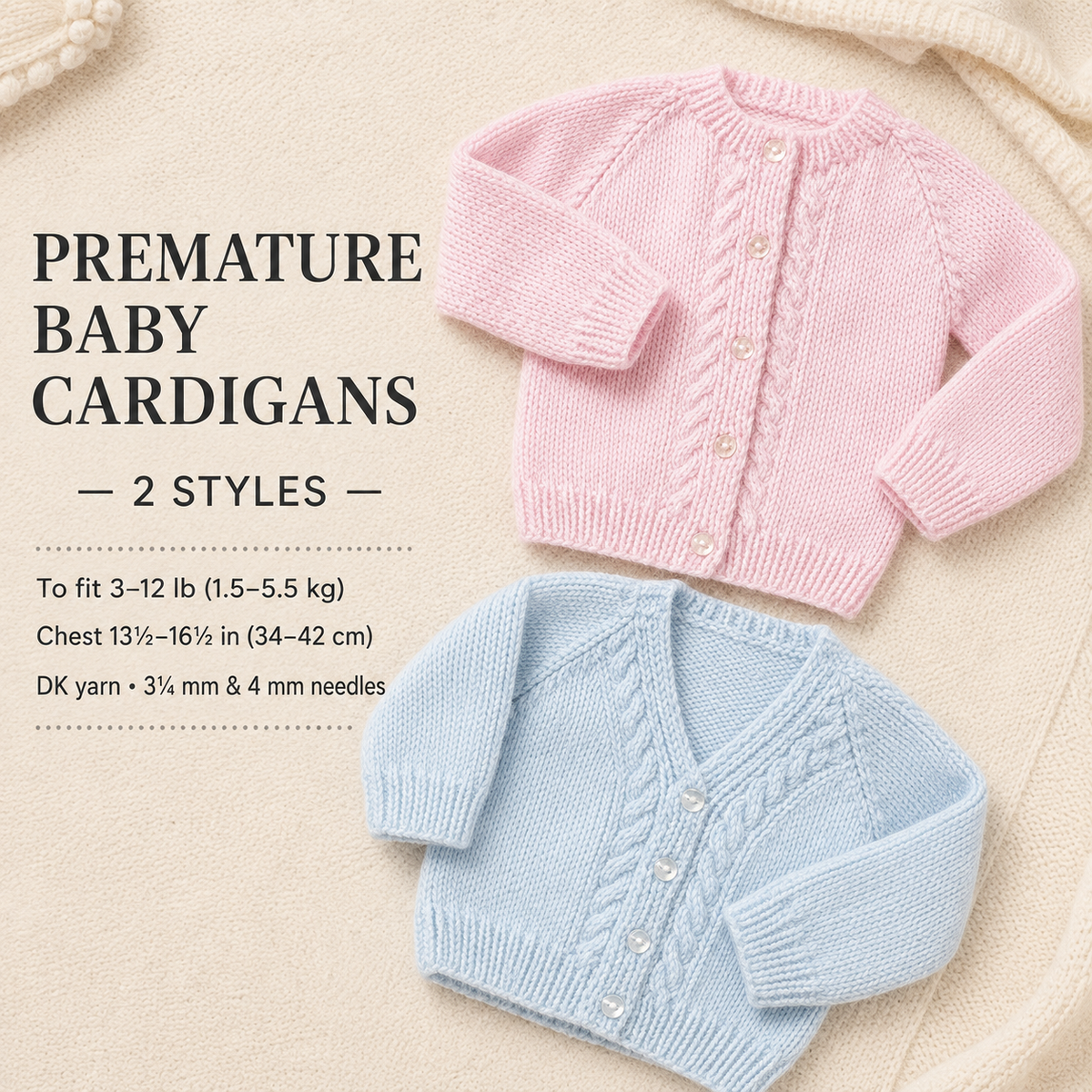 Child's  Premature Easy Cable Cardigans round neck-V Neck Knitting Pattern -DK-8ply instant Download-Low birth weight 3Lbs- 12lbs