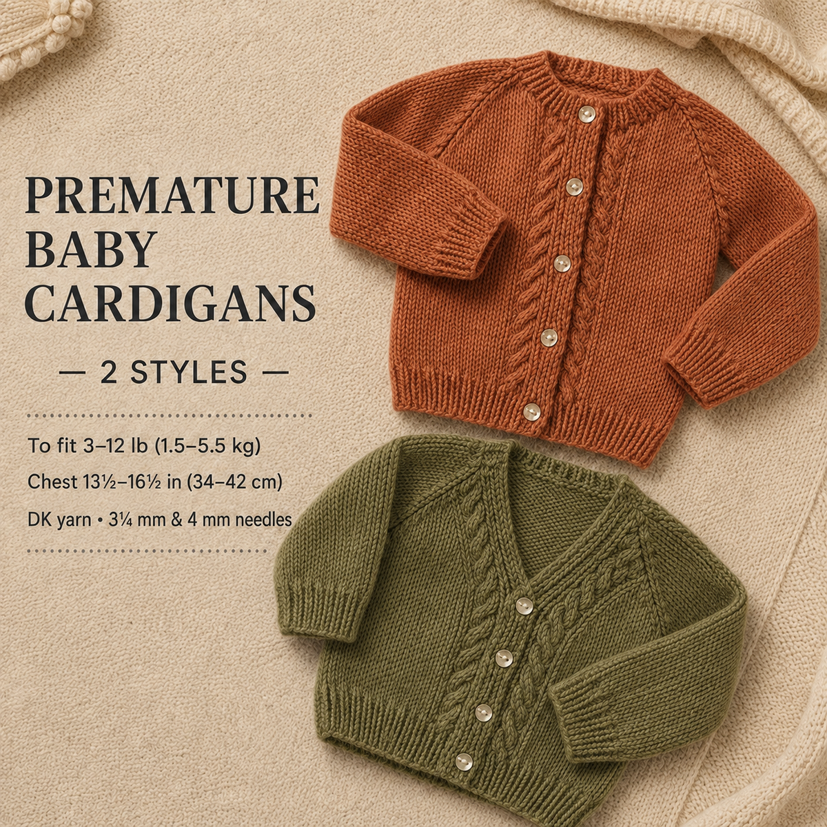 Child's  Premature Easy Cable Cardigans round neck-V Neck Knitting Pattern -DK-8ply instant Download-Low birth weight 3Lbs- 12lbs