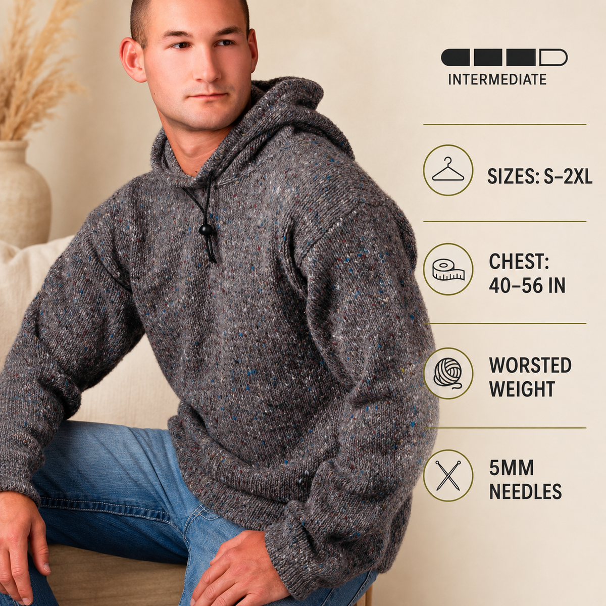Man's  Easy Plain Knit Hooded Sweater- Jumper in Aran -Worsted 10 Ply Yarn- Chest 40" - 56"- larger sizes knitting pattern