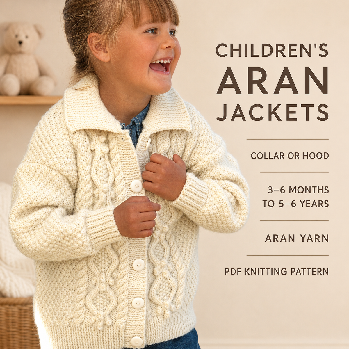 Child's Easy Cable Cardigan with collar & Hooded Jacket Boy- Girl- Knitting Pattern - Aran 10 PLy Worsted -18-26"(3m - 6yrs)  Download PDF