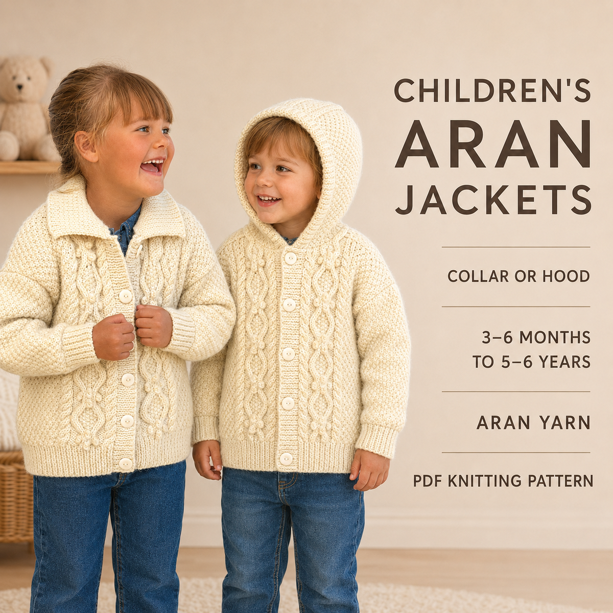 Child's Easy Cable Cardigan with collar & Hooded Jacket Boy- Girl- Knitting Pattern - Aran 10 PLy Worsted -18-26"(3m - 6yrs)  Download PDF