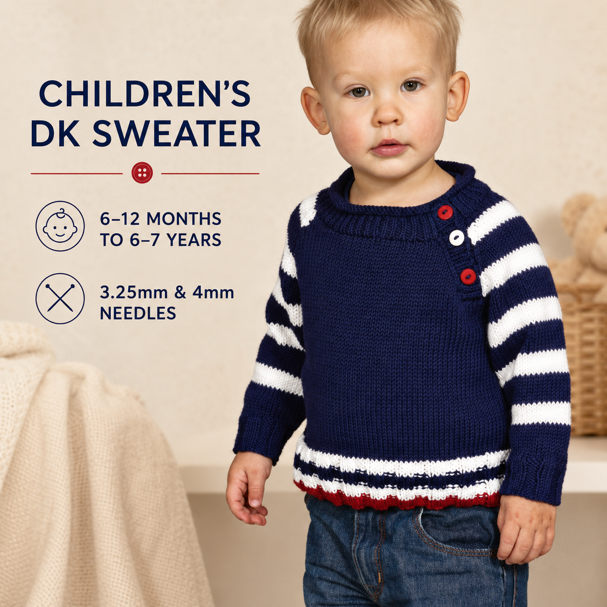 Boys Sweater with Stripe sleeves & hem- Button shoulders- DK 8 Ply -Knitting Pattern  - Fits   6 Months - 7 years