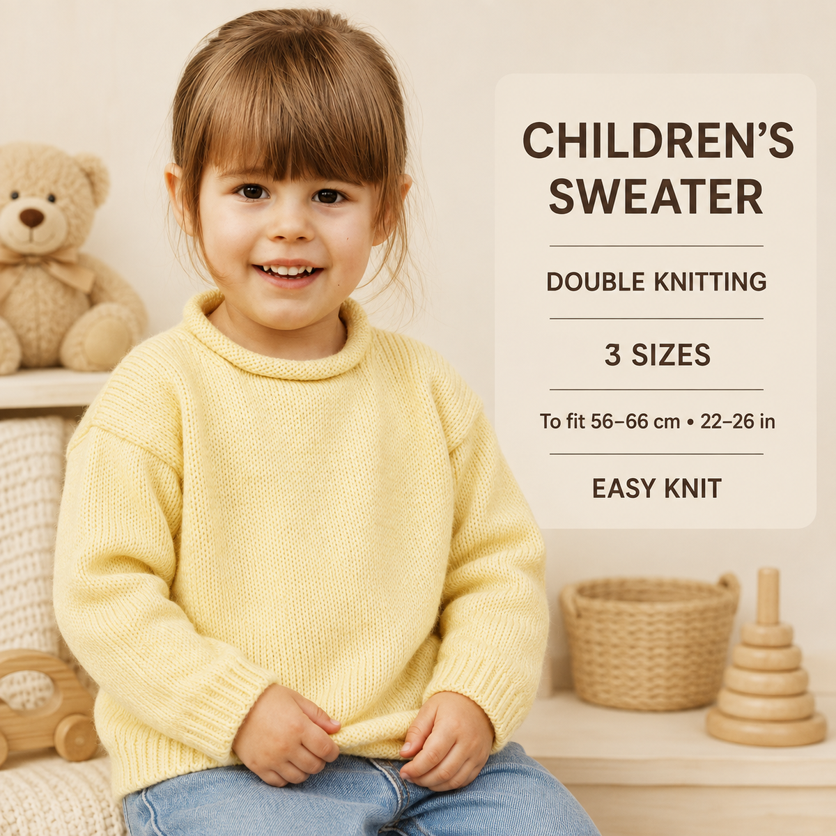 Girls Easy Roll Neck Sweater & Cuffs  in DK  wool-- Knitting pattern- (8ply)   Chest 22 - 26" Download PDF- Easy beginners Jumper