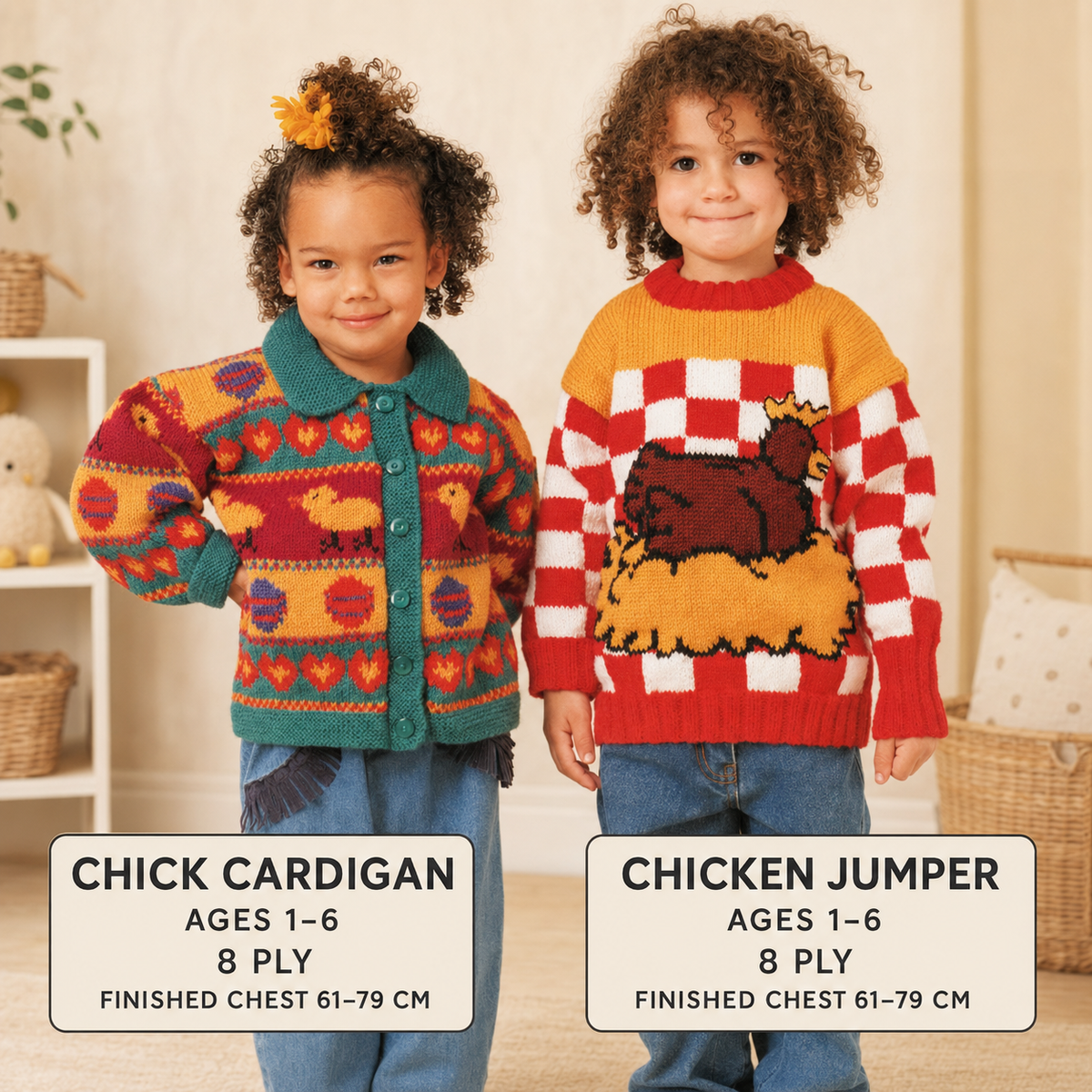 Girl's Chicken Motif Cardigan with collar & Sweater 21" - 26" sizes 1 to 6  Knitting Pattern PDF download DK 8 Ply-Light worsted- has charts