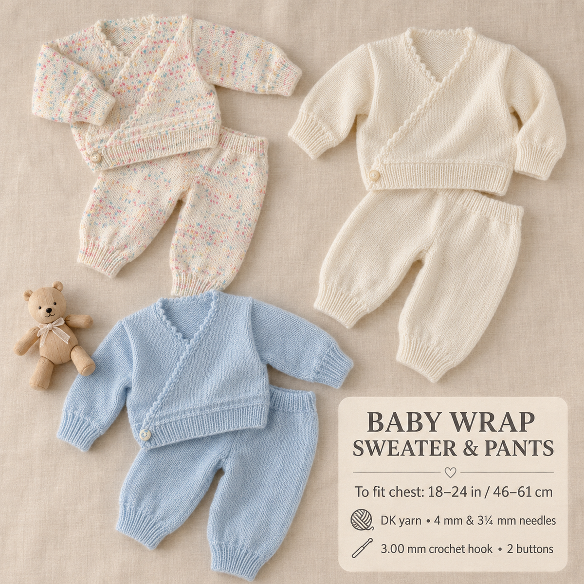 Baby Boy Girl Easy  Wrap Over Cardigans &  Trousers- 18" - 24" DK 8Ply Light Worsted wool- Knitting Pattern