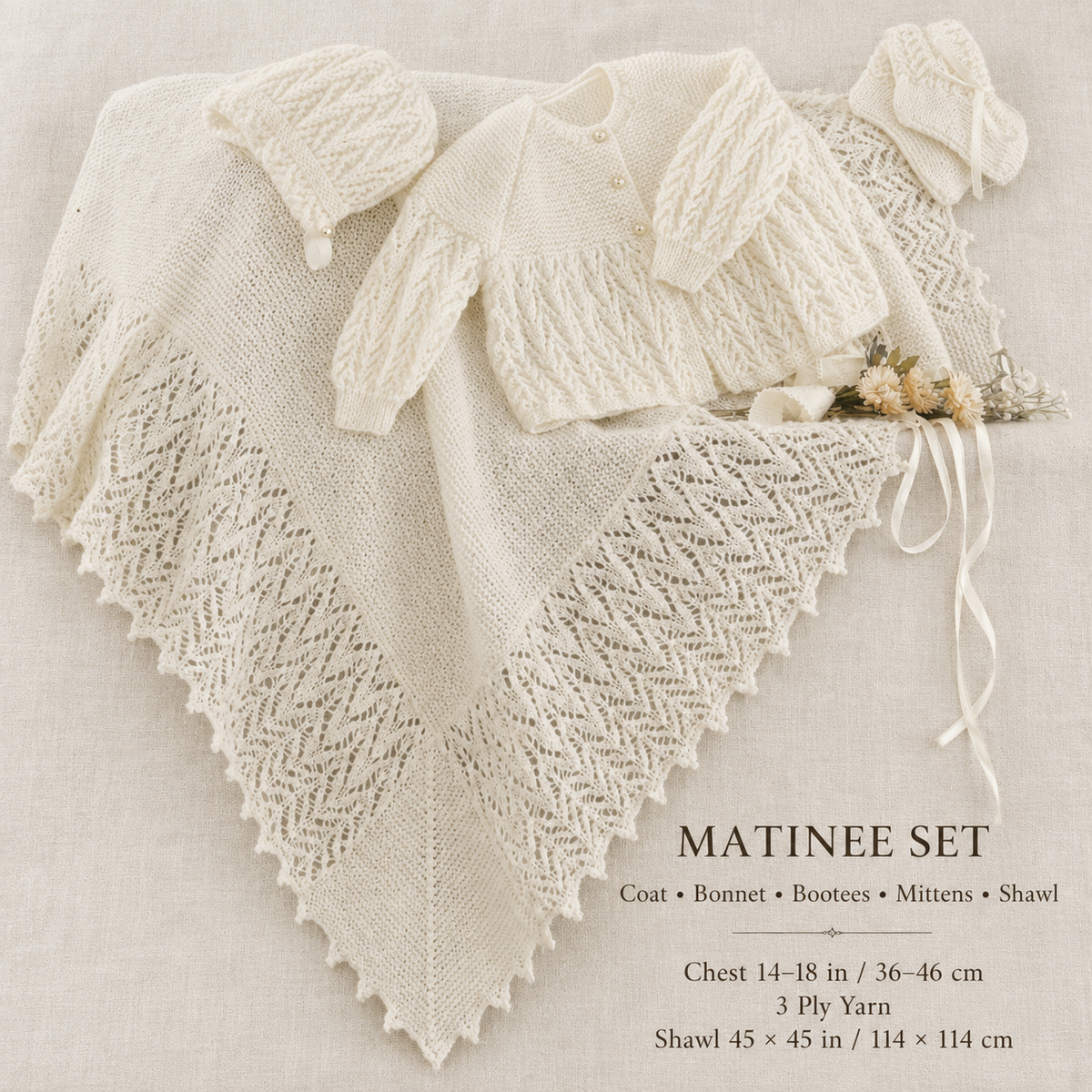 Baby Garter Stich and Lace edge shawl Jacket bootees & Mitt's ~ Layette Premature 14" ~ 18" chest, 3 ply wool, Knitting Pattern