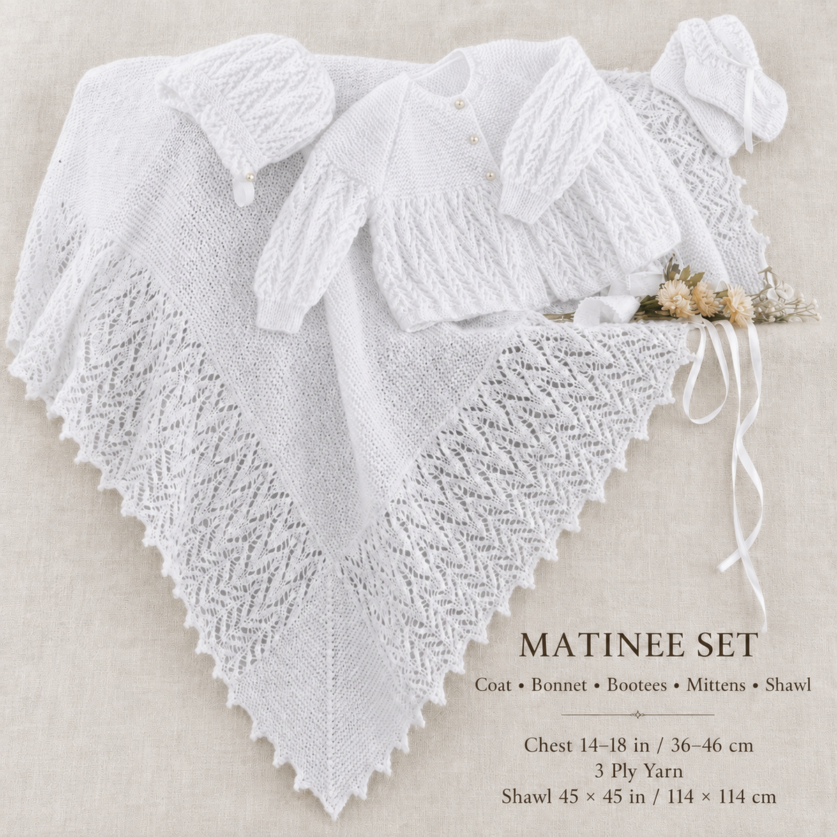 Baby Garter Stich and Lace edge shawl Jacket bootees & Mitt's ~ Layette Premature 14" ~ 18" chest, 3 ply wool, Knitting Pattern