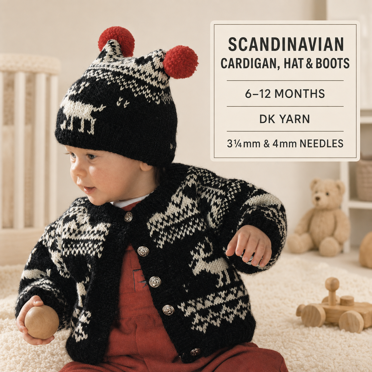 Child's Scandinavian Cardigan, Hat & Boots ~DK (8ply) yarn 6 - 12 Months) Knitting pattern