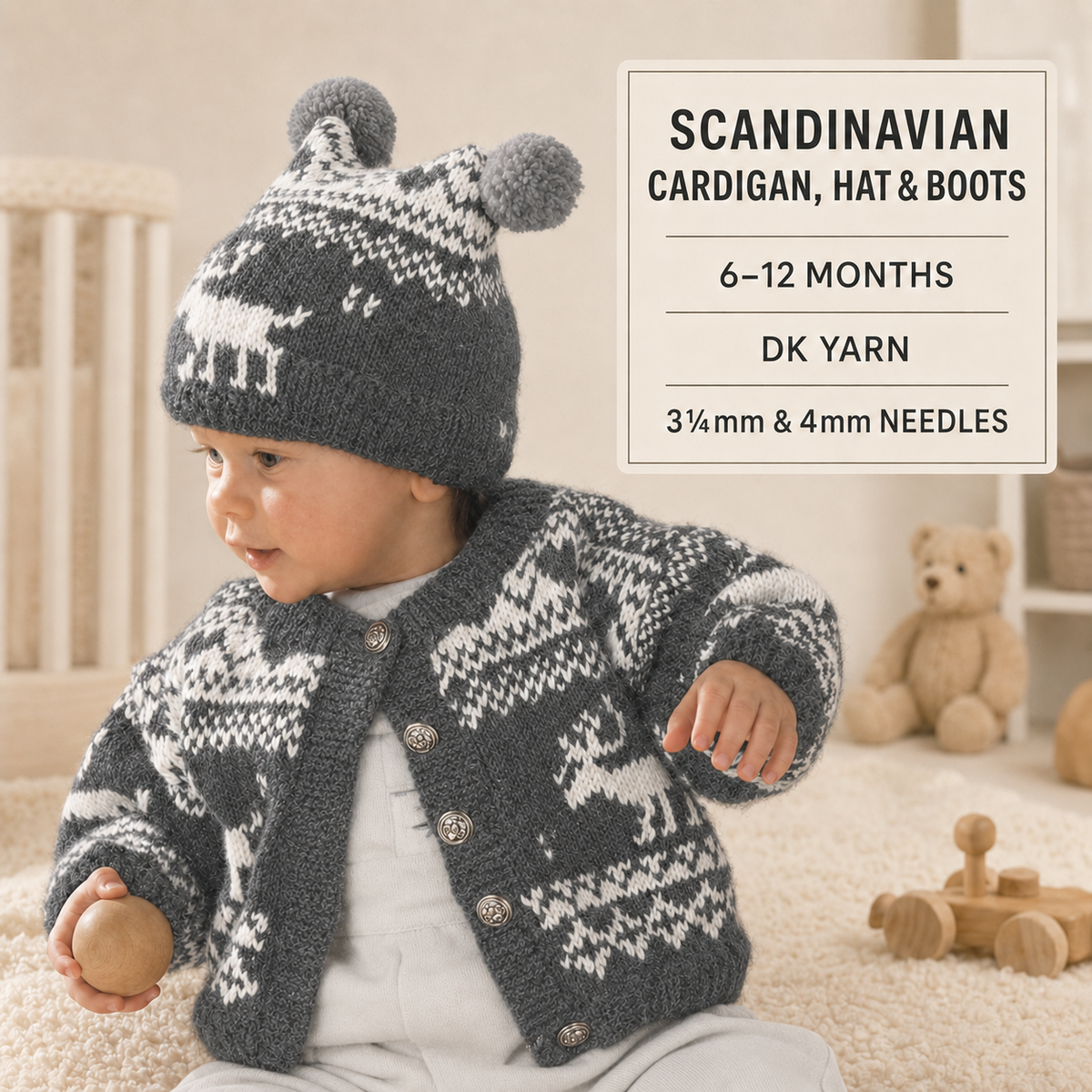 Child's Scandinavian Cardigan, Hat & Boots ~DK (8ply) yarn 6 - 12 Months) Knitting pattern
