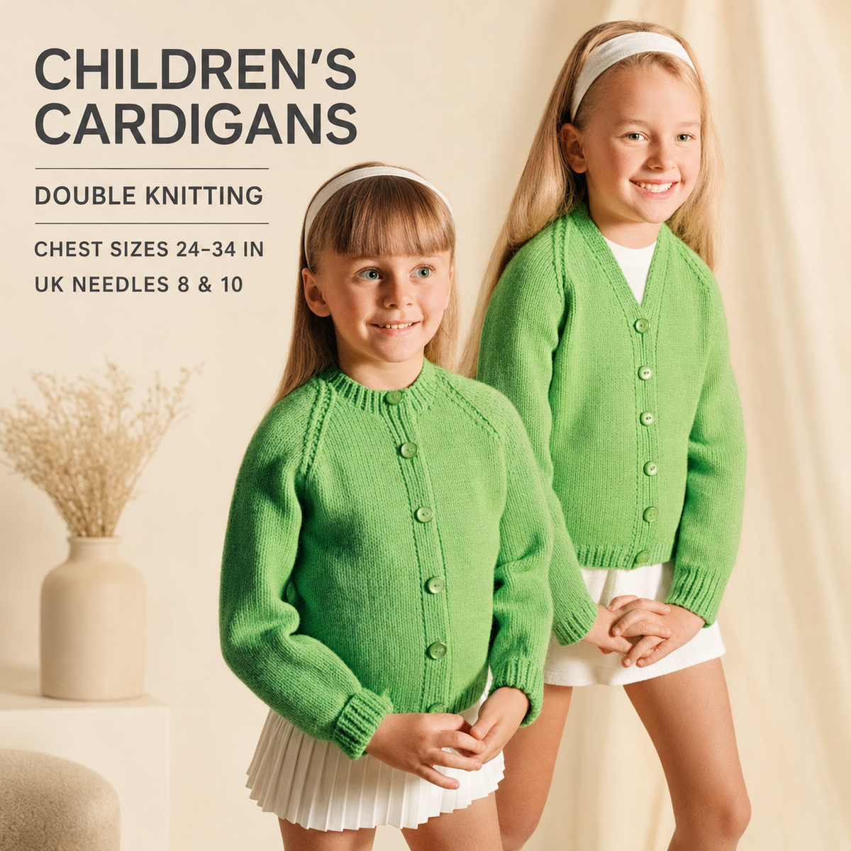 Classic Girls V Neck & Lumber Round Neck Raglan Cardigan 24-34" ~ DK 8 Ply Light Worsted Knitting Pattern
