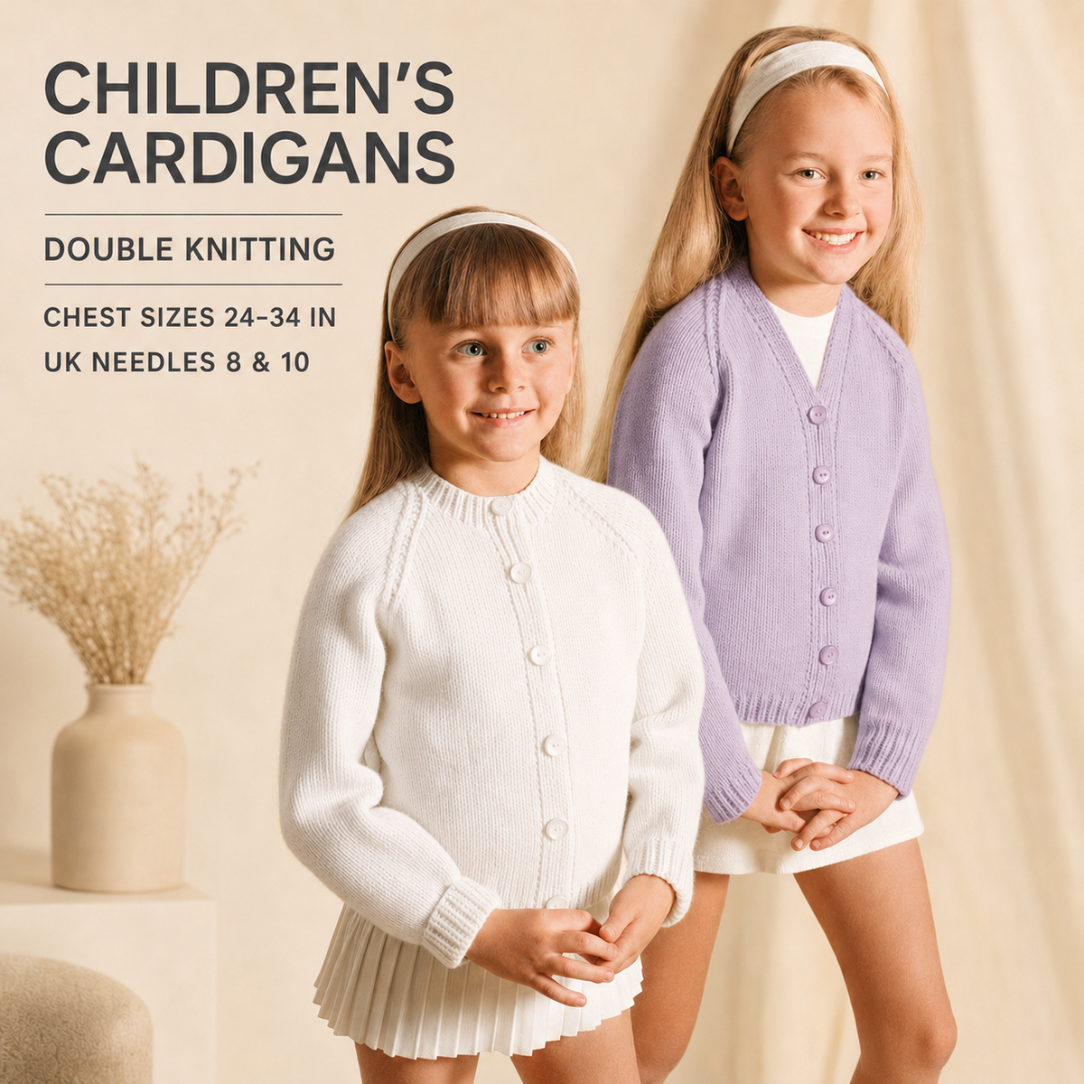Classic Girls V Neck & Lumber Round Neck Raglan Cardigan 24-34" ~ DK 8 Ply Light Worsted Knitting Pattern