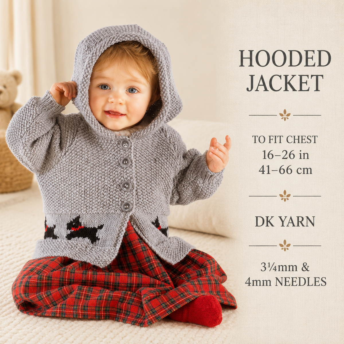 Boy or Girl's  Scottie Dog Hooded jacket~Cardigan & Jumper- Easy chart- DK (8Ply) chest 16 - 26" Knitting pattern
