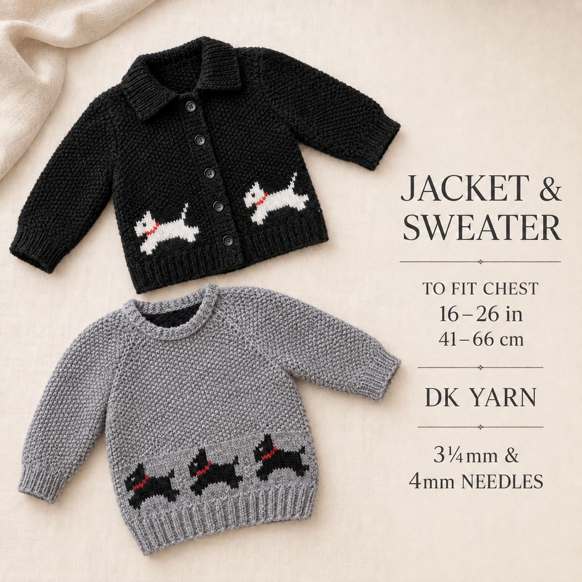 Boy or Girl's  Scottie Dog Hooded jacket~Cardigan & Jumper- Easy chart- DK (8Ply) chest 16 - 26" Knitting pattern