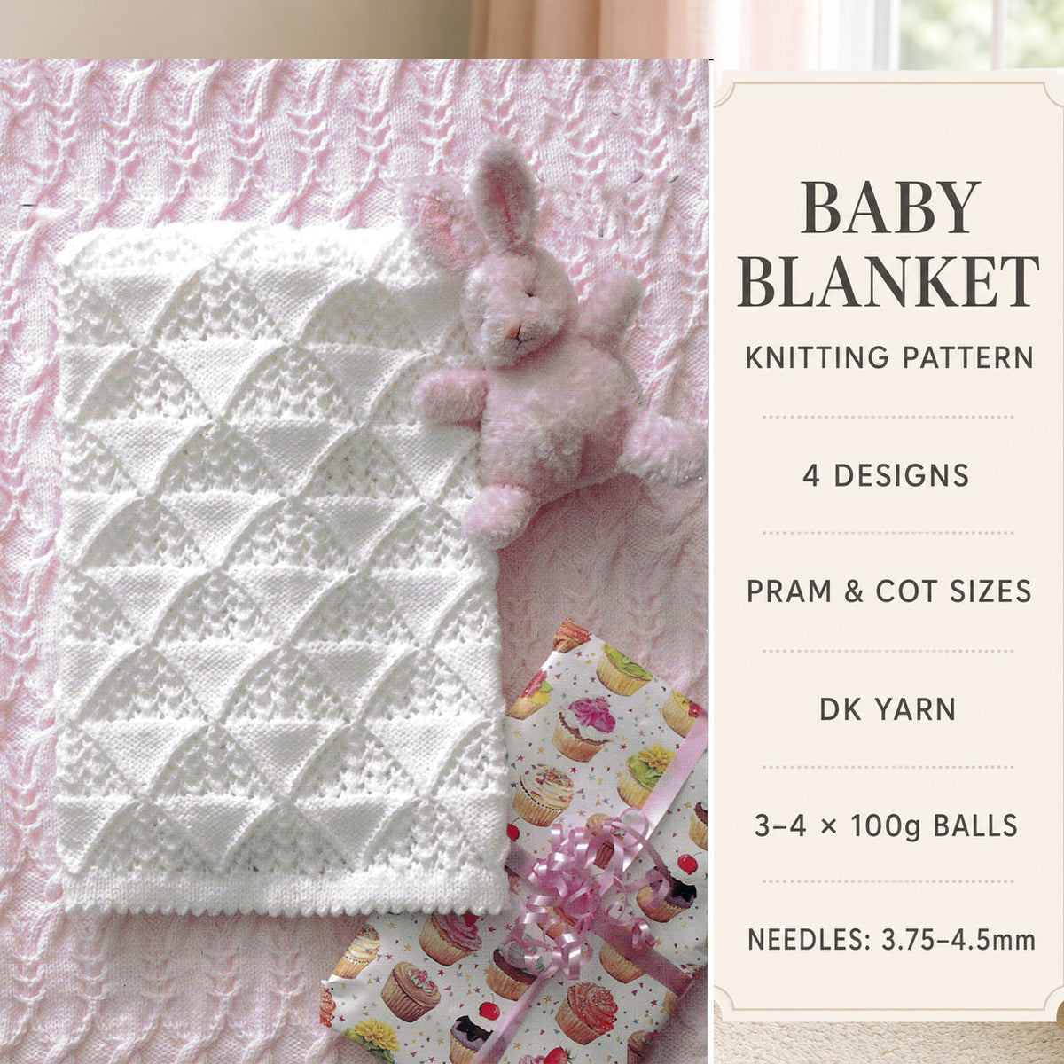 Baby Blanket Knitting Pattern PDF | 4 Pram & Cot Blanket Patterns | DK Baby Blanket | Lace Cable Garter Stitch Knitting