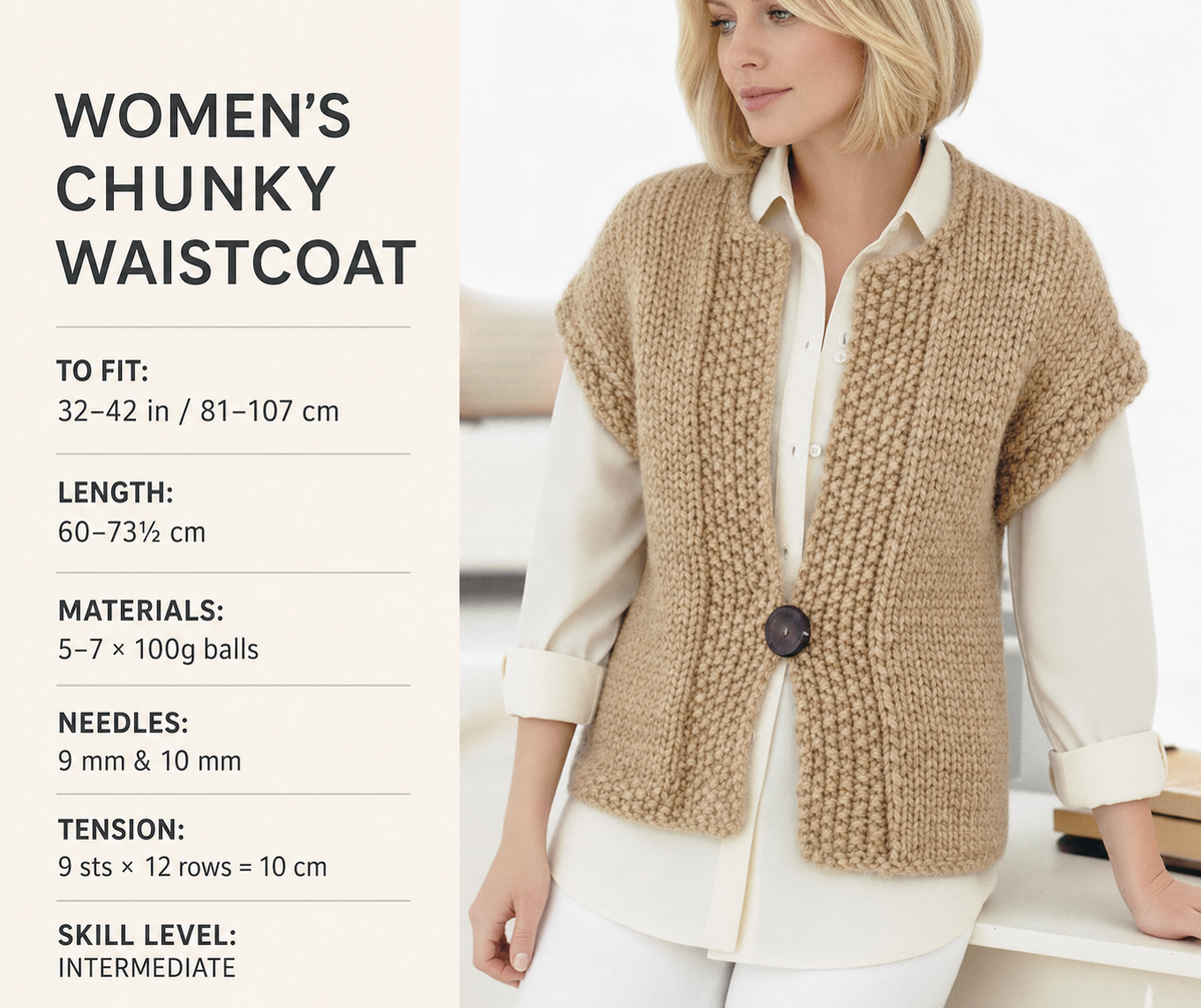 ladies Easy - Super Chunky Waistcoat 32" - 42" Knitting PATTERN 32 to 42 Inch chest PDF Instant download