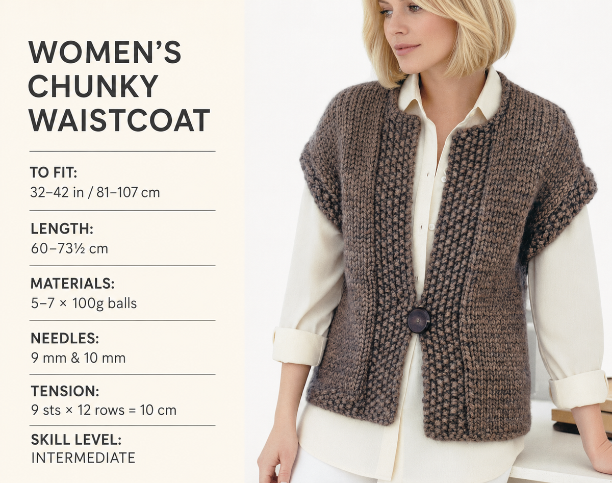 ladies Easy - Super Chunky Waistcoat 32" - 42" Knitting PATTERN 32 to 42 Inch chest PDF Instant download
