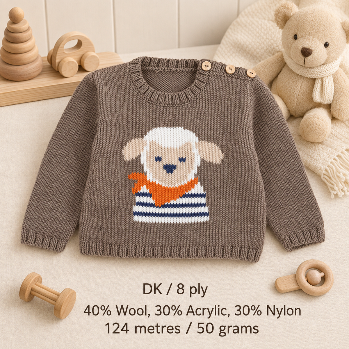 Sheep Lamb Motif Round Button Neck Sweater Jumper 18"- 21" 6mths - 3 yrs ~ DK 8 Ply Light Worsted Knitting Pattern
