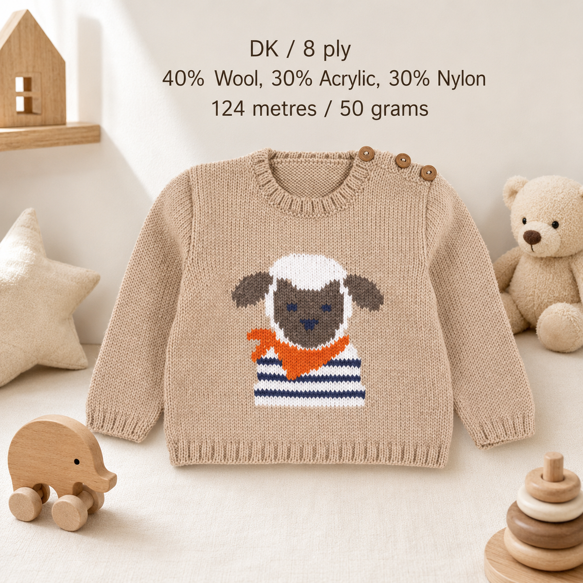 Sheep Lamb Motif Round Button Neck Sweater Jumper 18"- 21" 6mths - 3 yrs ~ DK 8 Ply Light Worsted Knitting Pattern