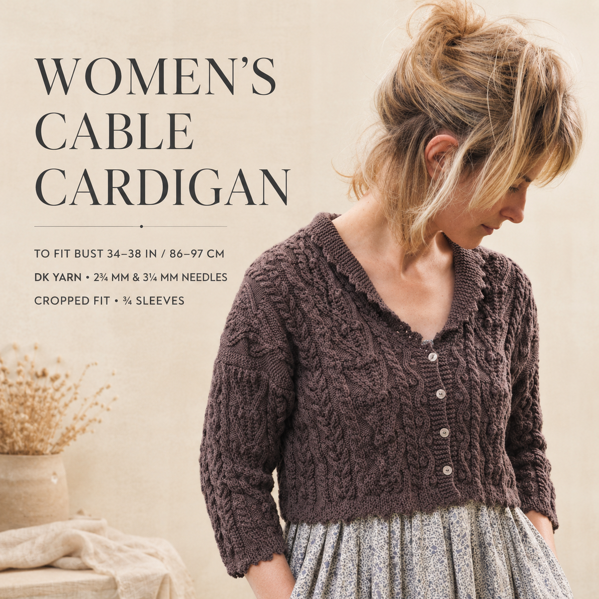 Woman's Aran Cable-Short Cropped-Cardigan DK 8Ply  Light Worsted wool - fits 34-38" chest. Knitting Pattern Instant Download
