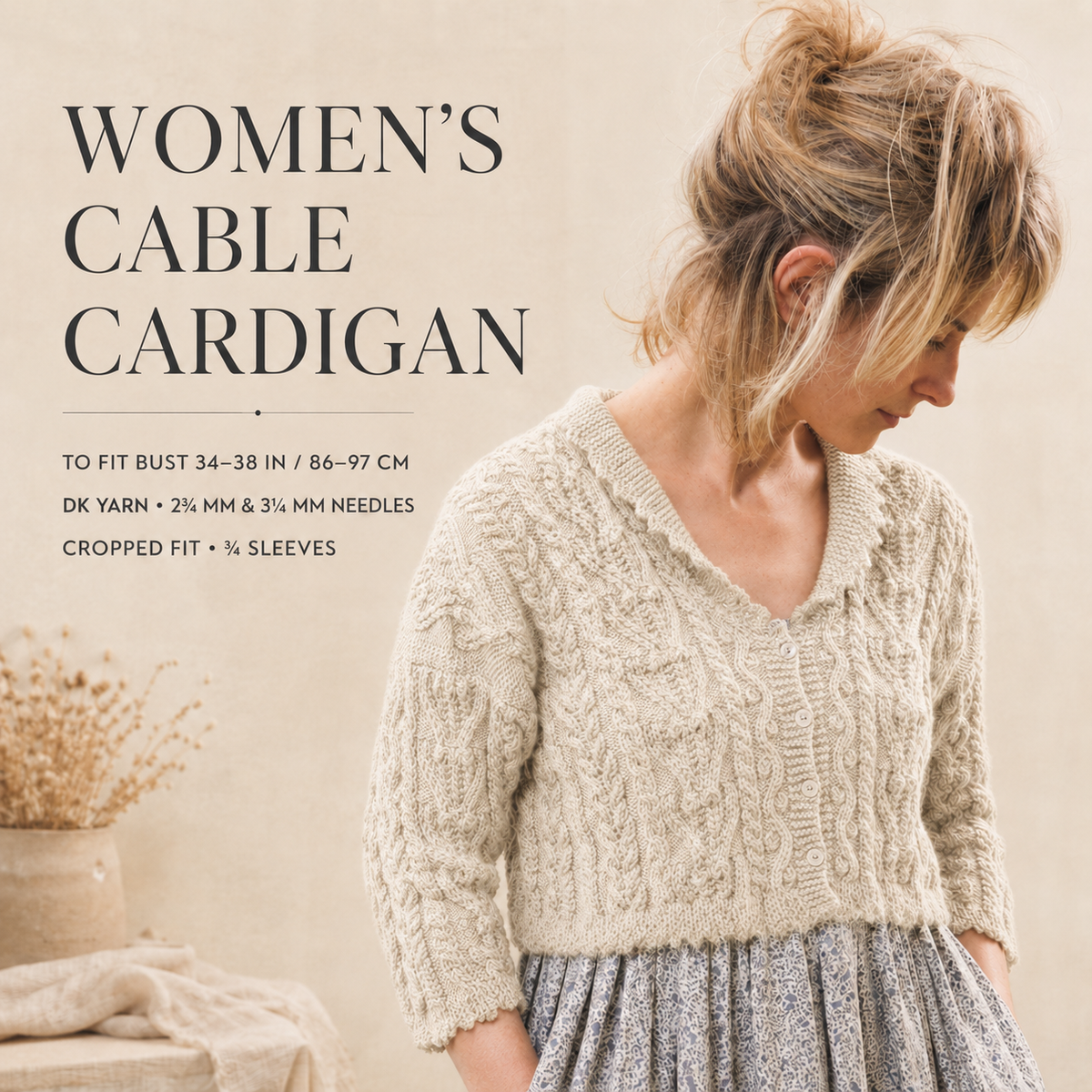 Woman's Aran Cable-Short Cropped-Cardigan DK 8Ply  Light Worsted wool - fits 34-38" chest. Knitting Pattern Instant Download