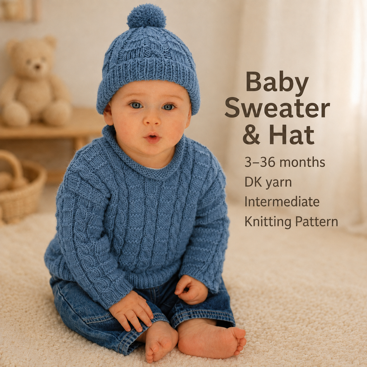 Baby  Roll Neck easy cable sweater & matching hat in DK 8 Ply -Knitting Pattern PDF Downloadable pattern - Fits   3-36 months