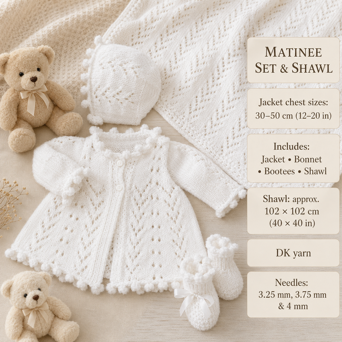 Baby Shawl ~ matinee coat~ Bonnet Cardigan &amp; Bootees DK 8 Ply Knitting Pattern Download PDF Early Baby Premature small Baby