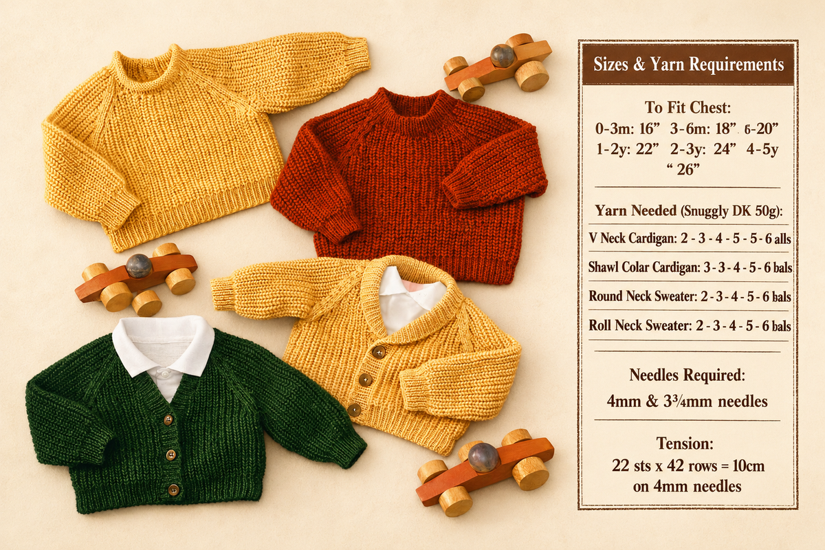 Ribbed Raglan Sweaters & Cardigans Child's, Baby, Boy, Girl, 16"- 26" inch ~ 0 - 6 Years DK 8 Ply Knitting Pattern PDF  Download-4 styles